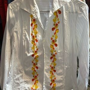 Grace White Striped Shirt with Yellow and Orange Floral embroidered Accents